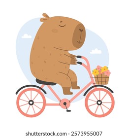 Funny capybara is riding a pink bicycle