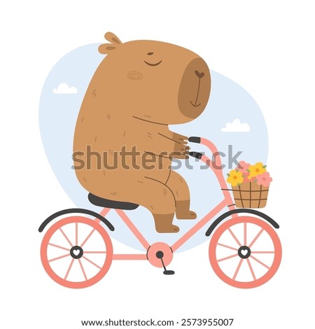 Funny capybara is riding a pink bicycle