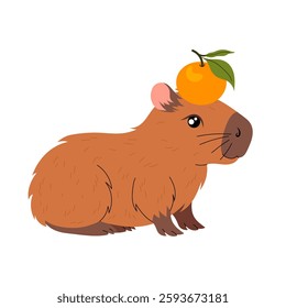 Funny capybara with ripe tangerine on head. Kawaii herbivorous rodent. Hand drawn illustration on a white background.