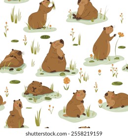 Funny Capybara . Seamless pattern , cartoon style