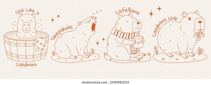 Funny capybara set with text. Set of exotic rodents relaxing in onsen, eating leaves, sleeping and drinking coffee. Playful doodle style. Hand drawn vector illustration