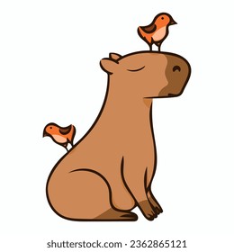 Un capibara gracioso se sienta con los pájaros. Ilustración del vector de color. Elemento de diseño para el diseño de folletos de carteles de menú. Imagen aislada de fondo blanco. Ilustración simple.