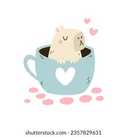 Funny capybara sitting in a cup. Vector illustration with cool animal rodent