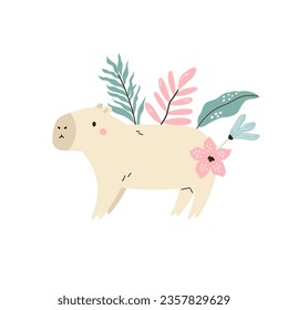 Funny capybara sitting in a jungle. Vector illustration of cute rodent animal.