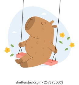 Funny capybara sitting on swing and having fun