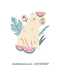 Funny capybara sitting with watermelon in a jungle. Vector illustration of cute rodent animal.