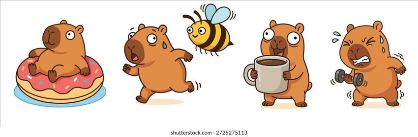 Lustige capybara Aufkleber-Set mit niedlichen Figuren trinken Kaffee heben Hantel läuft von Biene und entspannend auf Donut floaty kawaii Tier Emotionen für digitale Planer und Grußkarten.