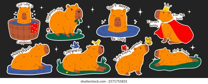 Funny capybara stickers set with text. Set of exotic rodents swimming in pond, relaxing with birds, eating leaves, walking. Hand drawn vector illustration