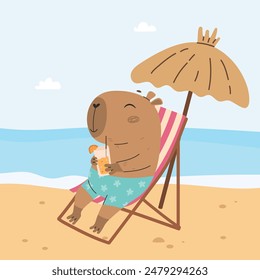 Funny capybara sunbathing on the beach chair