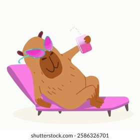 Funny capybara sunbathing on the beach chair. Vector illustration. Hand drawn.