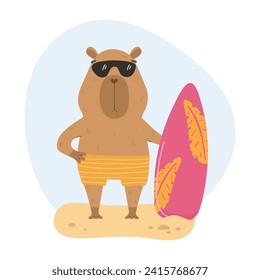 Funny capybara with surf board on a sand beach