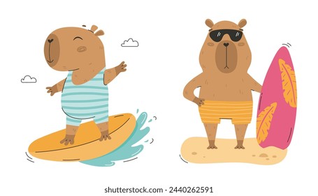 Funny capybara with surf board set