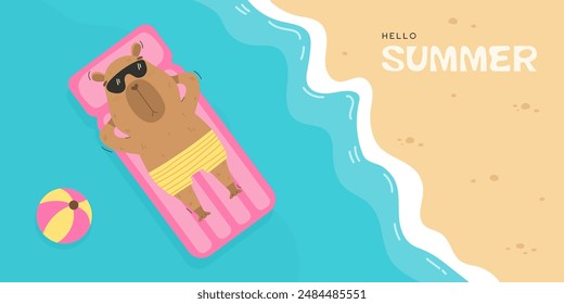 Funny capybara swimming in ocean or sea