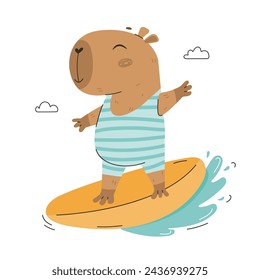 Funny capybara in swimwear surfing in sea or ocean