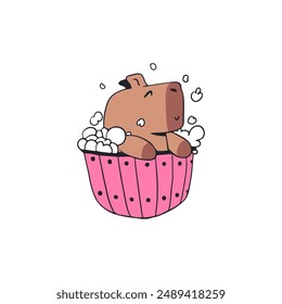 Funny capybara takes a bath. Trendy vector illustration.