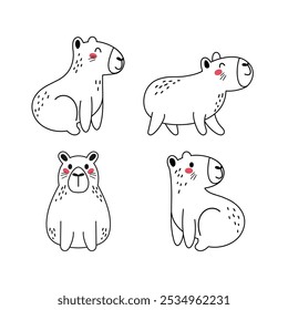 Capibara divertido en varias poses de colección. Clipart blanco y negro de los animales lindos aislados en el fondo blanco en Vector.