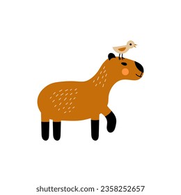 Funny capybara vector illustration. Doodle style South America wildlife animal with bird on a head. Cute childish t shirt print.