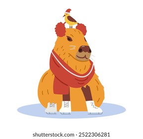 Funny capybara wearing ice skates, scarf and warm headphones sitting on ice with bird on it's head flat vector illustration isolated on white.