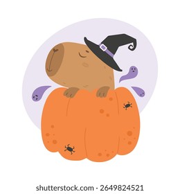 Funny capybara wearing witch hat in pumpkin
