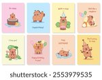 Funny capybaras birthday cards. Cute exotic animals, cartoon biggest rodents characters, kawaii adorable creatures, kids party, posters collection, prints or notebook cover, tidy vector set