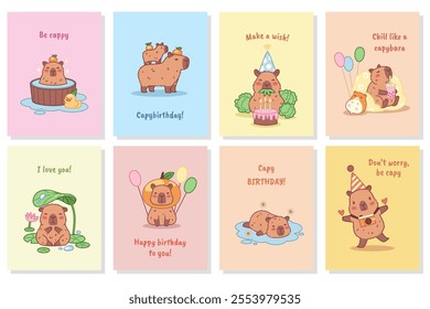 Funny capybaras birthday cards. Cute exotic animals, cartoon biggest rodents characters, kawaii adorable creatures, kids party, posters collection, prints or notebook cover, tidy vector set