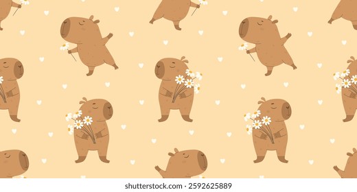 Funny capybaras with a bouquet of flowers pattern