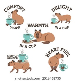 Capibaras divertidos con taza de café cappuccino con frases inspiradoras. Lindo animal de la selva y granos de café ilustraciones Paquete