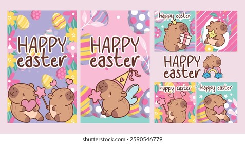 Funny capybaras easter cards. Cute exotic animals, cartoon biggest rodents characters, kawaii adorable creatures, kids party, posters collection, easter egg happy easter