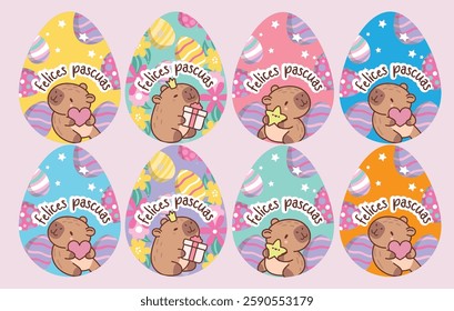 Funny capybaras easter cards. Cute exotic animals, cartoon biggest rodents characters, kawaii adorable creatures, kids party, posters collection easter