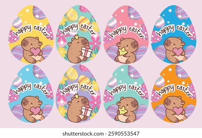 Funny capybaras easter cards. Cute exotic animals, cartoon biggest rodents characters, kawaii adorable creatures, kids party, posters collection easter