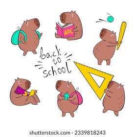 Funny capybaras getting ready for school. Vector illustration back to school.