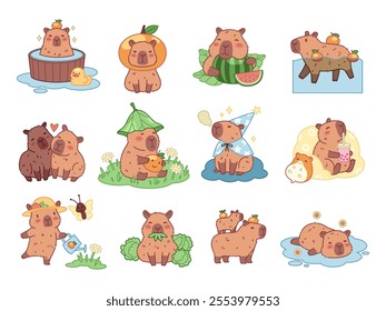 Funny capybaras. Happy exotic comic animals, cute biggest rodents, different poses, actions and emotions, kawaii characters, cartoon flat isolated illustration, stickers tidy vector set