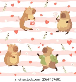 Funny capybaras in love with flowers and hearts with stripes background. Valentines love day. Cute background for kids apparel, greeting card design, fabric, print, wrapping paper, textiles