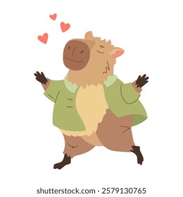 Funny capybaras in love. Happy exotic animal, cute biggest rodent with love emotions in Valentines day. Flat vector design elements for card, packaging, fabrics, flyers