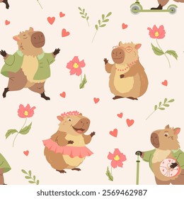 Funny capybaras in love seamless pattern Charming biggest rodent with different poses and emotion on Valentines love day Cute background for kids apparel, greeting card design, fabric, print, textiles