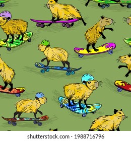 Funny capybaras on a skateboard. Sports hobby of cute animals. Vector.