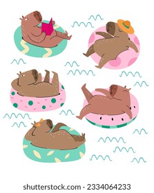 Funny capybaras are relaxing in the pool. Vector children illustration.