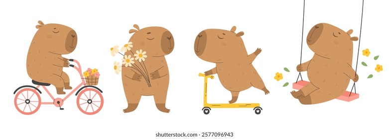 Funny capybaras set with a different activity