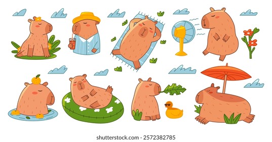 Funny capybaras set. Summer capybaras in different poses. Colorful sticker set with capybras. Flat vector illustration isolated on white background.