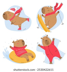 Funny capybaras set in winter activity