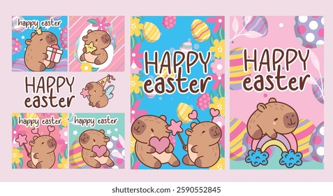 Funny capybaraseaster cards. Cute exotic animals, cartoon biggest rodents characters, kawaii adorable creatures, kids party, posters collection easter