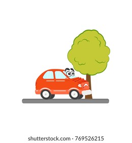Funny car character has had an accident, crashed into tree, cartoon vector illustration isolated on white background. Side view picture of cartoon car character crashed into tree and smashed bamper