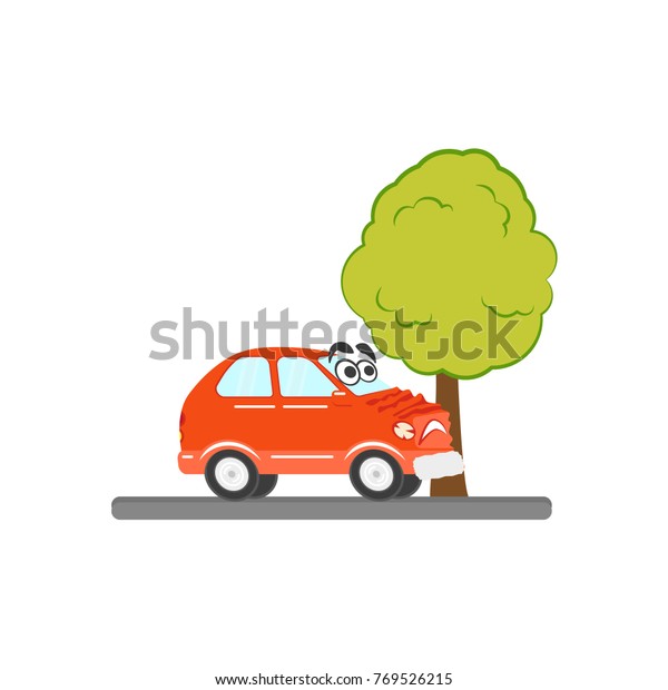 Funny car character has had an accident, crashed
into tree, cartoon vector illustration isolated on white
background. Side view picture of cartoon car character crashed into
tree and smashed bamper