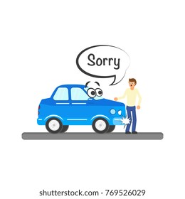 Funny car character has road accident - hits pedestrian, speech bubble with word Sorry, cartoon vector illustration isolated on white background. Side view cartoon car character hitting pedestrian
