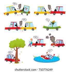 Funny Car Characters - Accident, Crash, Collision, Fender Bender, Cartoon Vector Illustration Isolated On White Background. Cartoon Car Character Set - Road Accident, Crash, Collision, Break, Drown