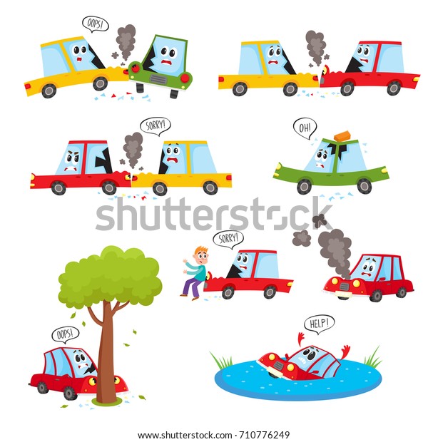 Funny car characters - accident, crash, collision,\
fender bender, cartoon vector illustration isolated on white\
background. Cartoon car character set - road accident, crash,\
collision, break, drown