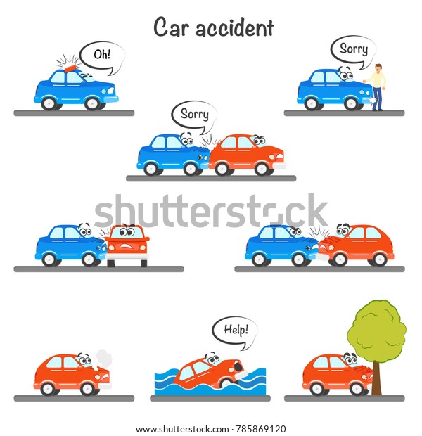 Funny car characters have road accident,\
collision, falling brick, smocking engine, drowning, cartoon vector\
illustration isolated on white background. Set of cartoon car\
characters in road\
accident