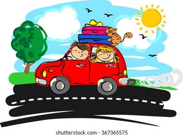 funny car with children and cat