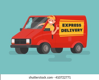 Funny Car Driver. Delivery Service. Vector Illustration