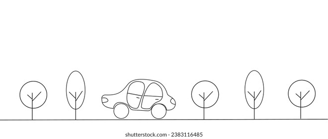 Funny Car Driving on the Road Line Art. Vacation and traveling concept vector